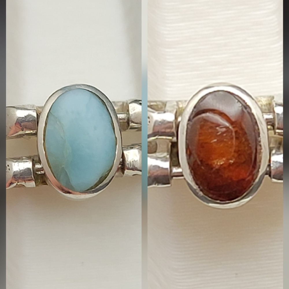 Artisan Unique Sterling Silver Larimar Amber Oval Gemstone Interchangeable Ring
